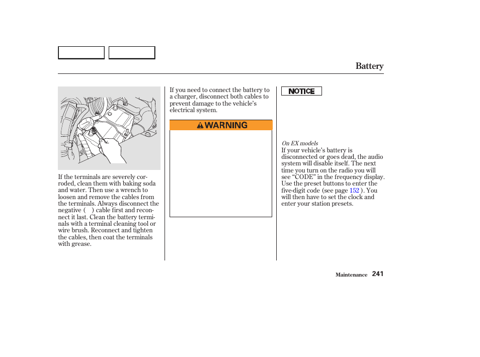 Battery | HONDA 2003 Element - Owner's Manual User Manual | Page 245 / 338