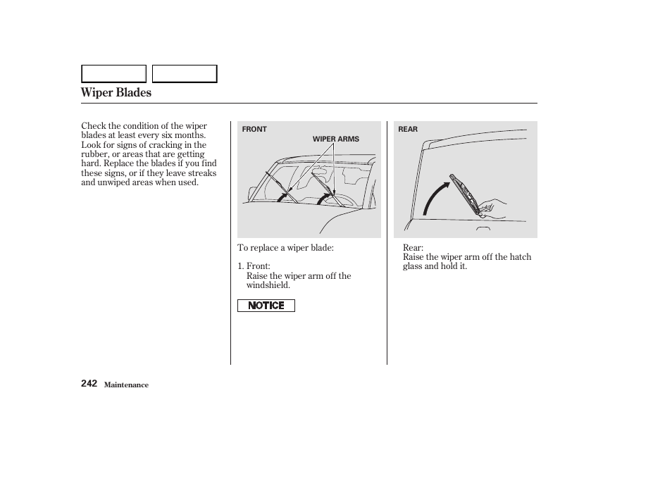 Wiper blades | HONDA 2003 Element - Owner's Manual User Manual | Page 246 / 338