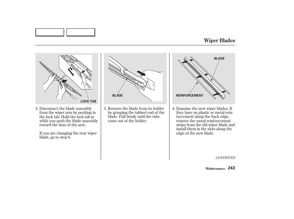 Wiper blades | HONDA 2003 Element - Owner's Manual User Manual | Page 247 / 338