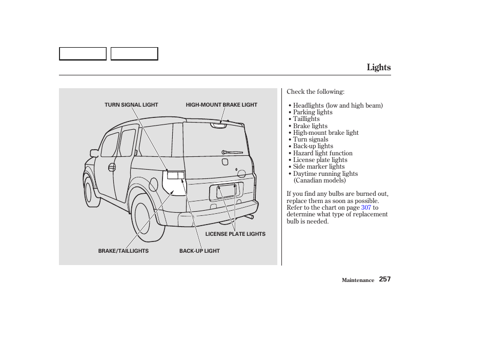 Lights | HONDA 2003 Element - Owner's Manual User Manual | Page 261 / 338