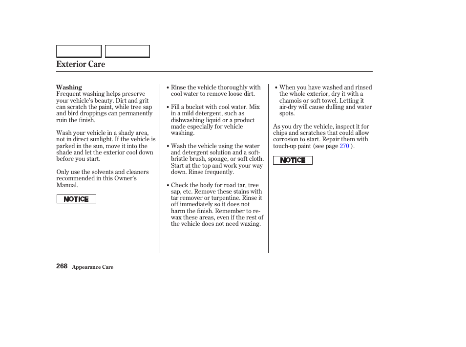 Exterior care | HONDA 2003 Element - Owner's Manual User Manual | Page 272 / 338