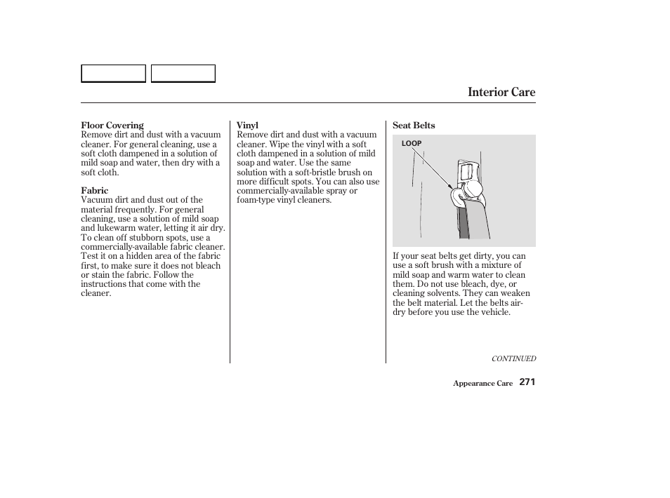 Interior care | HONDA 2003 Element - Owner's Manual User Manual | Page 275 / 338