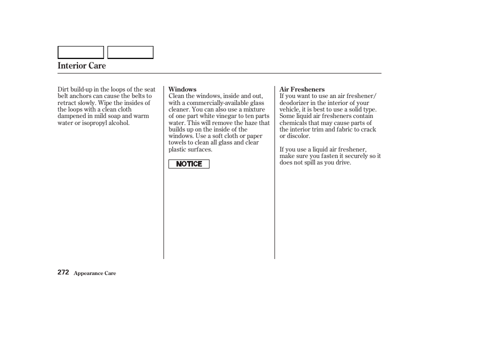 Interior care | HONDA 2003 Element - Owner's Manual User Manual | Page 276 / 338