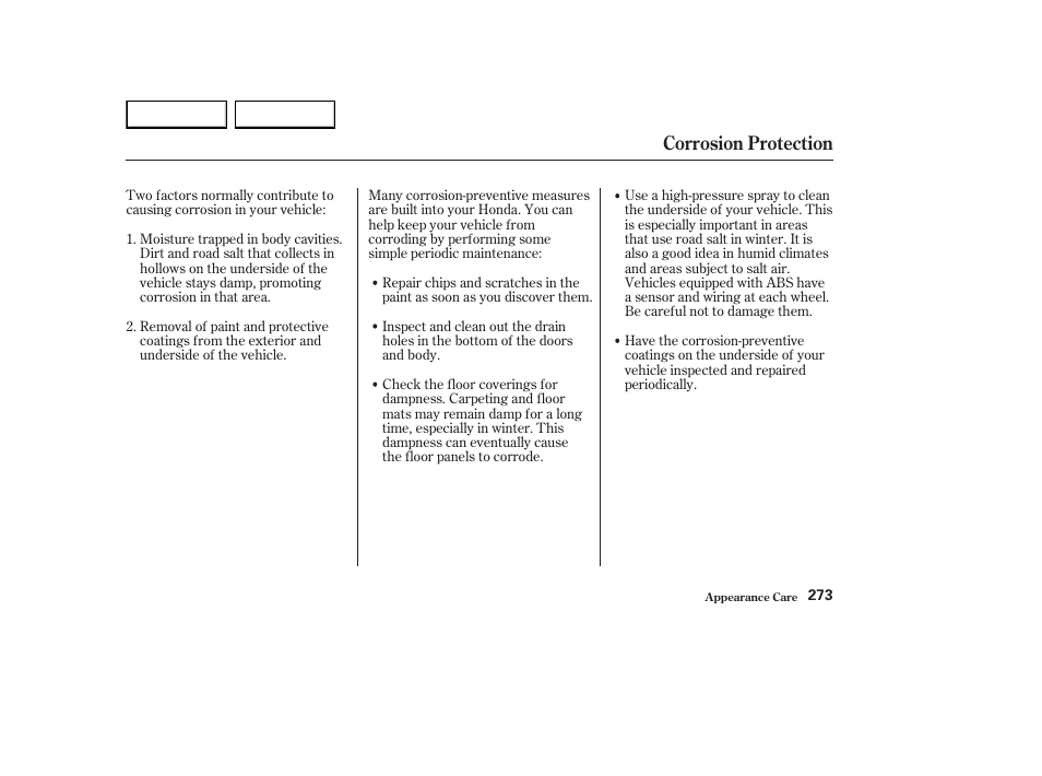 Corrosion protection | HONDA 2003 Element - Owner's Manual User Manual | Page 277 / 338