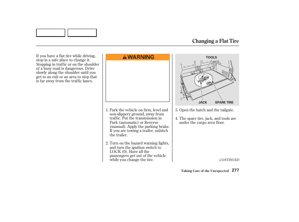 Changing a flat tire | HONDA 2003 Element - Owner's Manual User Manual | Page 281 / 338