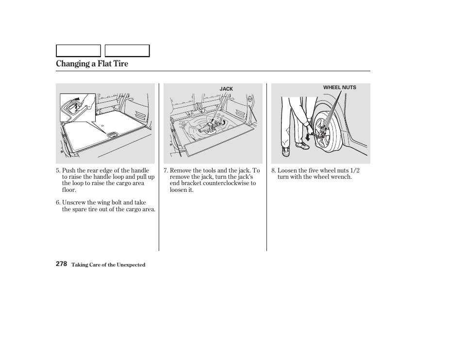 Changing a flat tire | HONDA 2003 Element - Owner's Manual User Manual | Page 282 / 338