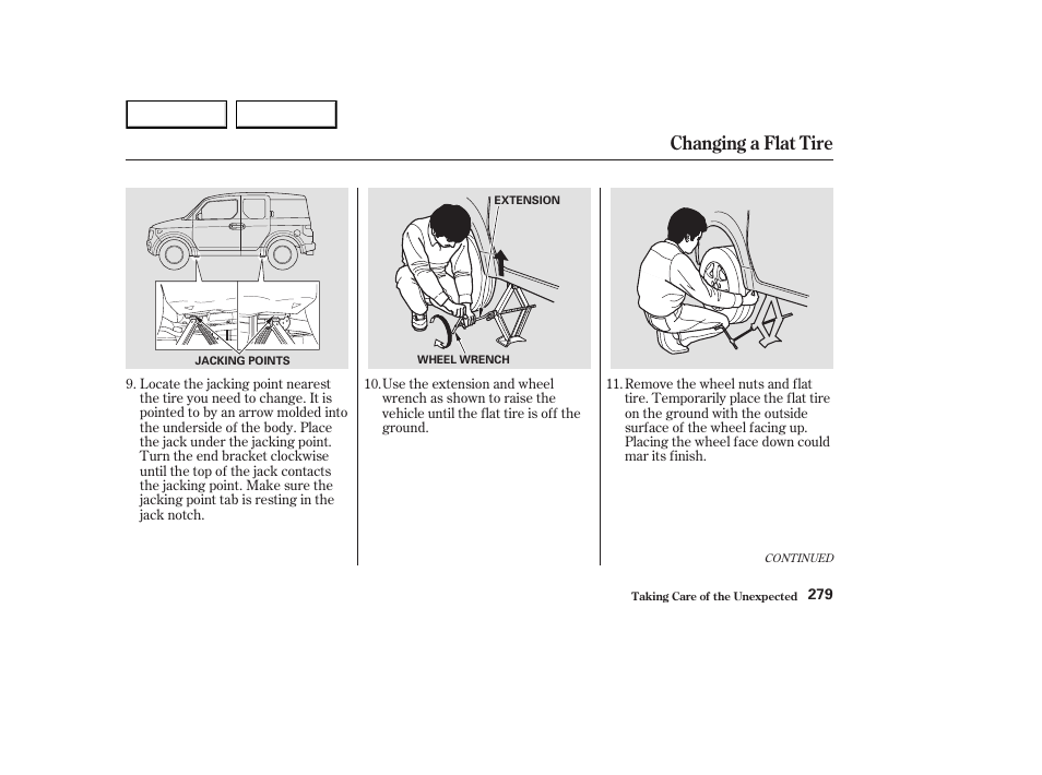 Changing a flat tire | HONDA 2003 Element - Owner's Manual User Manual | Page 283 / 338