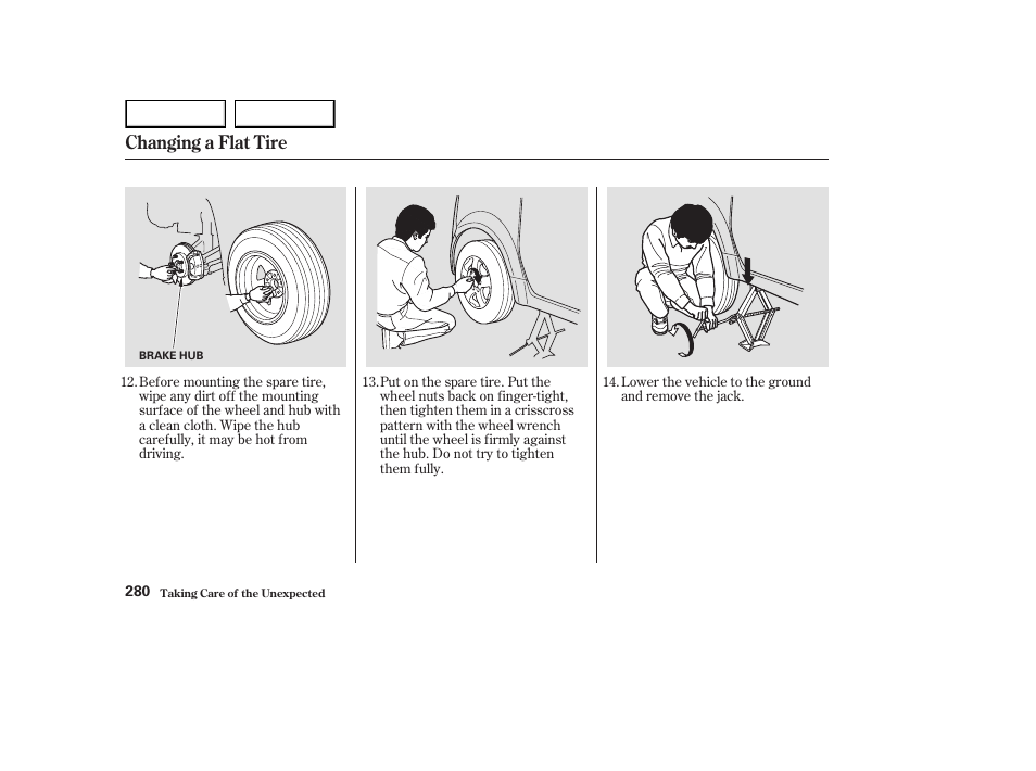 Changing a flat tire | HONDA 2003 Element - Owner's Manual User Manual | Page 284 / 338