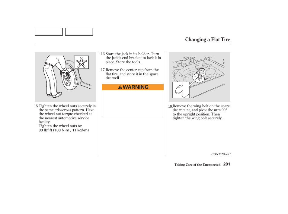 Changing a flat tire | HONDA 2003 Element - Owner's Manual User Manual | Page 285 / 338