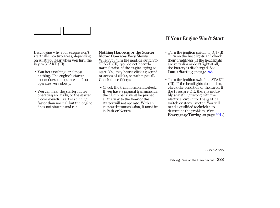 If your engine won’t start | HONDA 2003 Element - Owner's Manual User Manual | Page 287 / 338