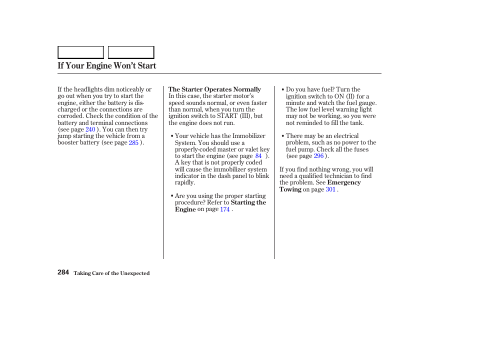 If your engine won’t start | HONDA 2003 Element - Owner's Manual User Manual | Page 288 / 338
