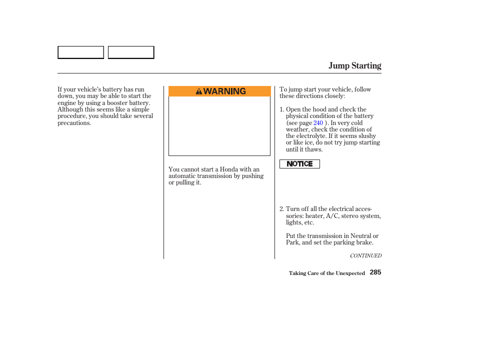 Jump starting | HONDA 2003 Element - Owner's Manual User Manual | Page 289 / 338