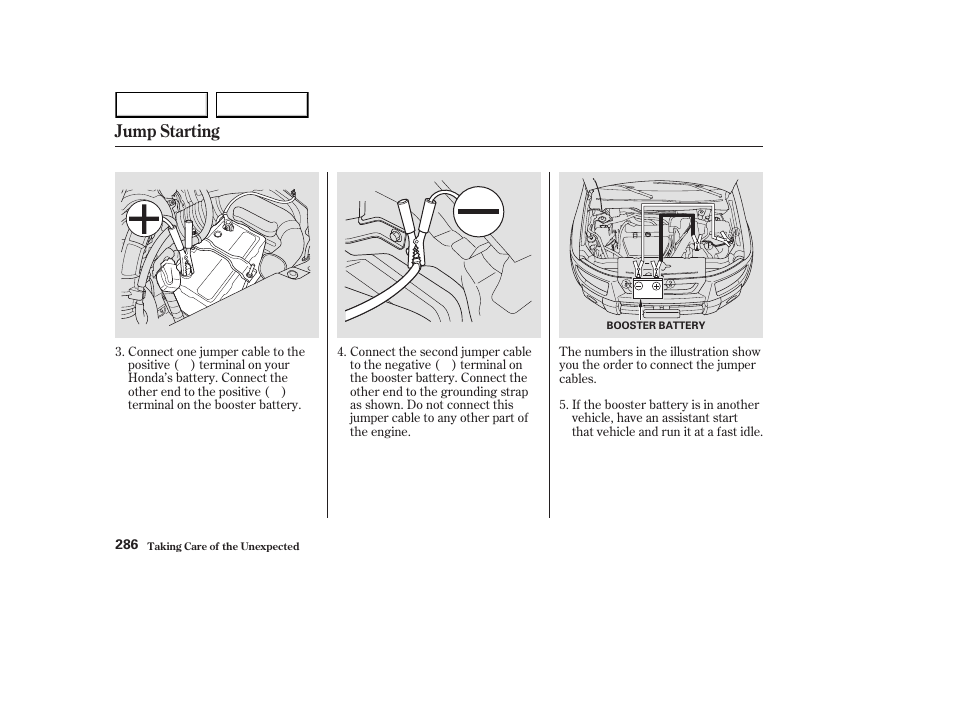 Jump starting | HONDA 2003 Element - Owner's Manual User Manual | Page 290 / 338
