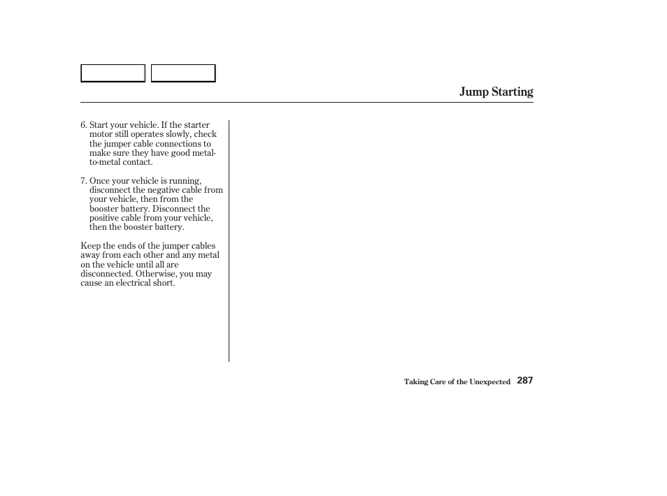 Jump starting | HONDA 2003 Element - Owner's Manual User Manual | Page 291 / 338