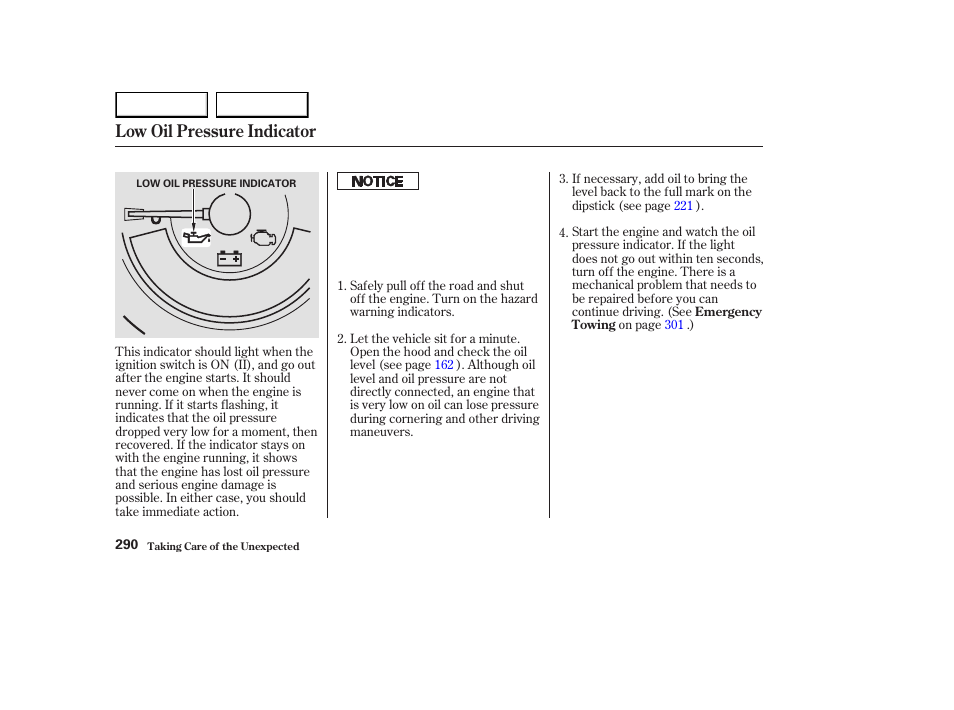 Low oil pressure indicator | HONDA 2003 Element - Owner's Manual User Manual | Page 294 / 338