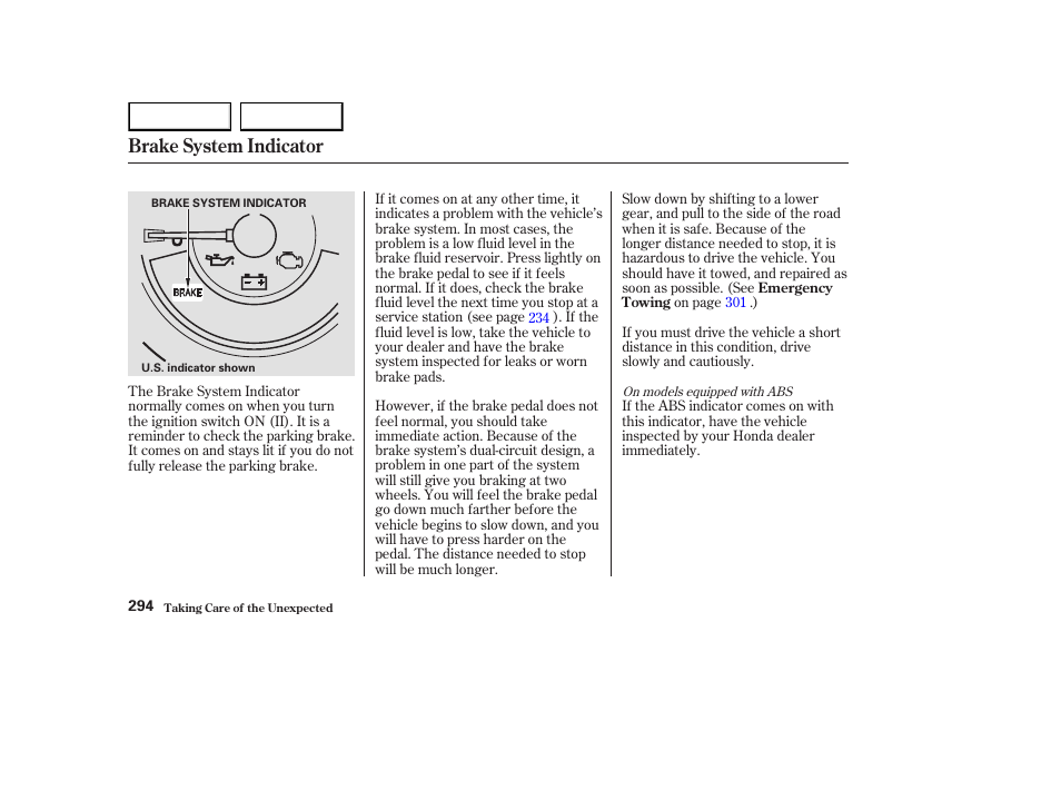 Brake system indicator | HONDA 2003 Element - Owner's Manual User Manual | Page 298 / 338