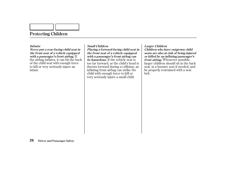 Protecting children | HONDA 2003 Element - Owner's Manual User Manual | Page 30 / 338