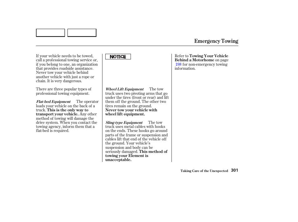 Emergency towing | HONDA 2003 Element - Owner's Manual User Manual | Page 305 / 338