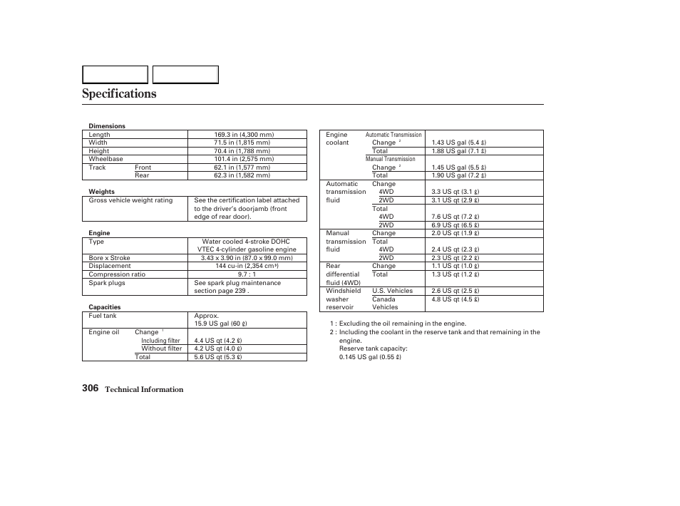 Specifications | HONDA 2003 Element - Owner's Manual User Manual | Page 310 / 338