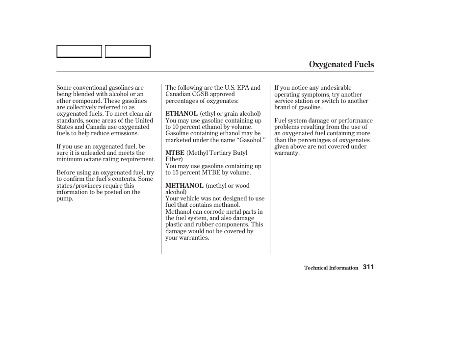 Oxygenated fuels | HONDA 2003 Element - Owner's Manual User Manual | Page 315 / 338