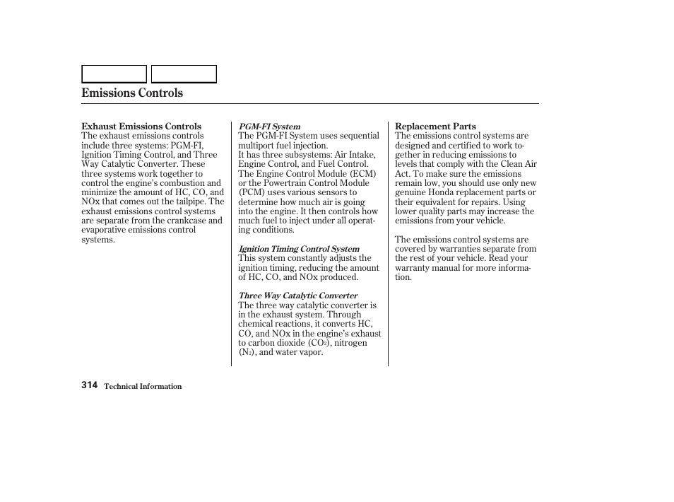 Emissions controls | HONDA 2003 Element - Owner's Manual User Manual | Page 318 / 338