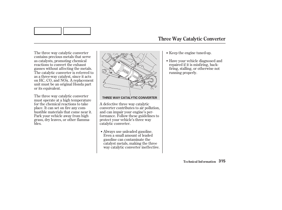 Three way catalytic converter | HONDA 2003 Element - Owner's Manual User Manual | Page 319 / 338