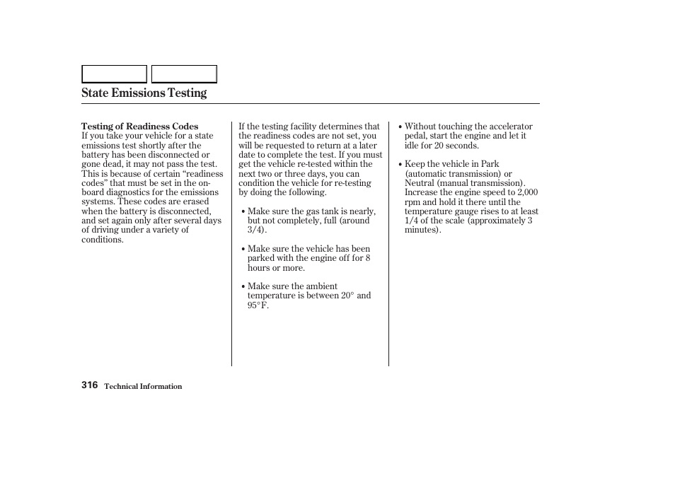 State emissions testing | HONDA 2003 Element - Owner's Manual User Manual | Page 320 / 338