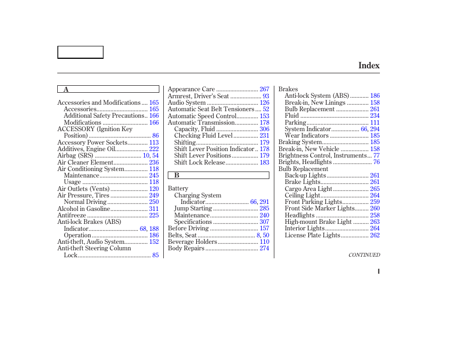 Index | HONDA 2003 Element - Owner's Manual User Manual | Page 329 / 338