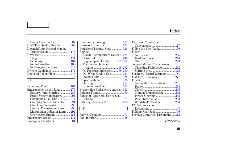 Index | HONDA 2003 Element - Owner's Manual User Manual | Page 331 / 338