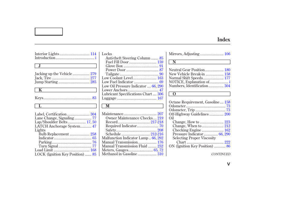 Index | HONDA 2003 Element - Owner's Manual User Manual | Page 333 / 338