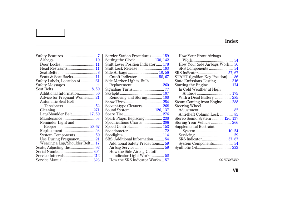 Index | HONDA 2003 Element - Owner's Manual User Manual | Page 335 / 338