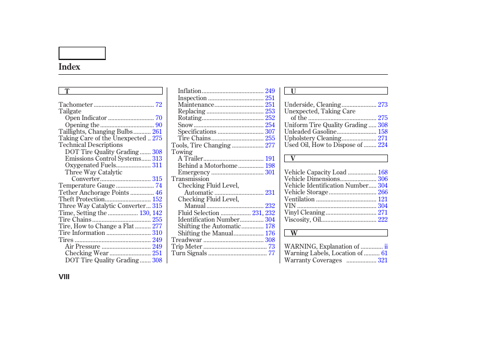 Index | HONDA 2003 Element - Owner's Manual User Manual | Page 336 / 338