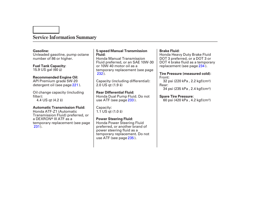 Service information summary | HONDA 2003 Element - Owner's Manual User Manual | Page 338 / 338
