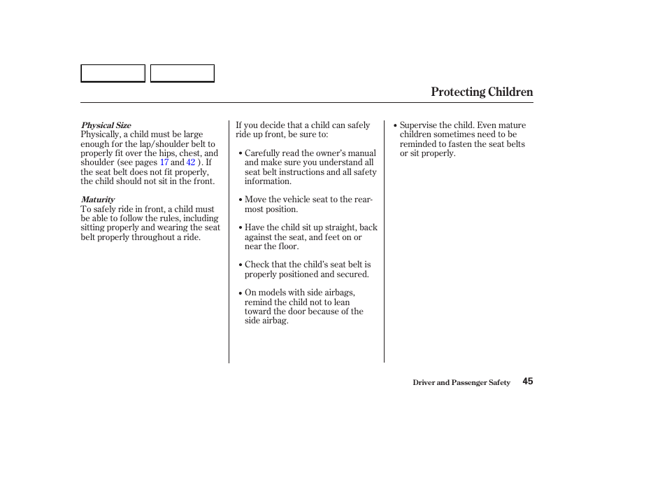 Protecting children | HONDA 2003 Element - Owner's Manual User Manual | Page 49 / 338