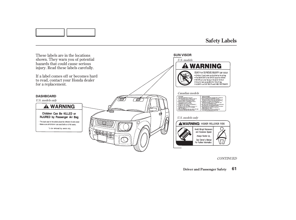 Safety labels | HONDA 2003 Element - Owner's Manual User Manual | Page 65 / 338