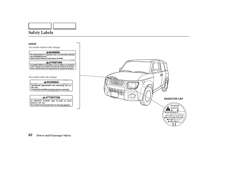 Safety labels | HONDA 2003 Element - Owner's Manual User Manual | Page 66 / 338