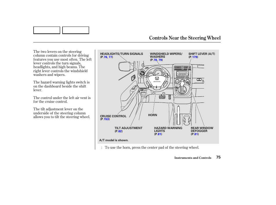 Controls near the steering wheel | HONDA 2003 Element - Owner's Manual User Manual | Page 79 / 338