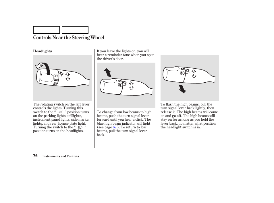 Controls near the steering wheel | HONDA 2003 Element - Owner's Manual User Manual | Page 80 / 338