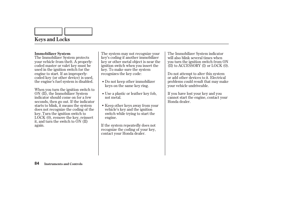 Keys and locks | HONDA 2003 Element - Owner's Manual User Manual | Page 88 / 338