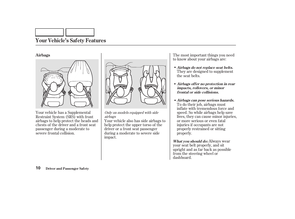 Your vehicle’s safety features | HONDA 2003 CR-V - Owner's Manual User Manual | Page 14 / 374