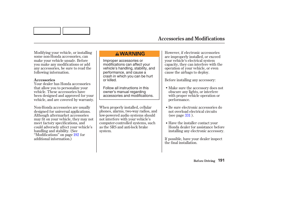 Accessories and modifications | HONDA 2003 CR-V - Owner's Manual User Manual | Page 195 / 374