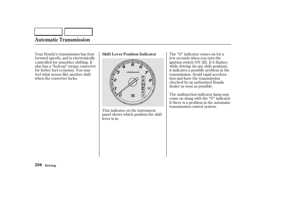 Automatic transmission | HONDA 2003 CR-V - Owner's Manual User Manual | Page 208 / 374