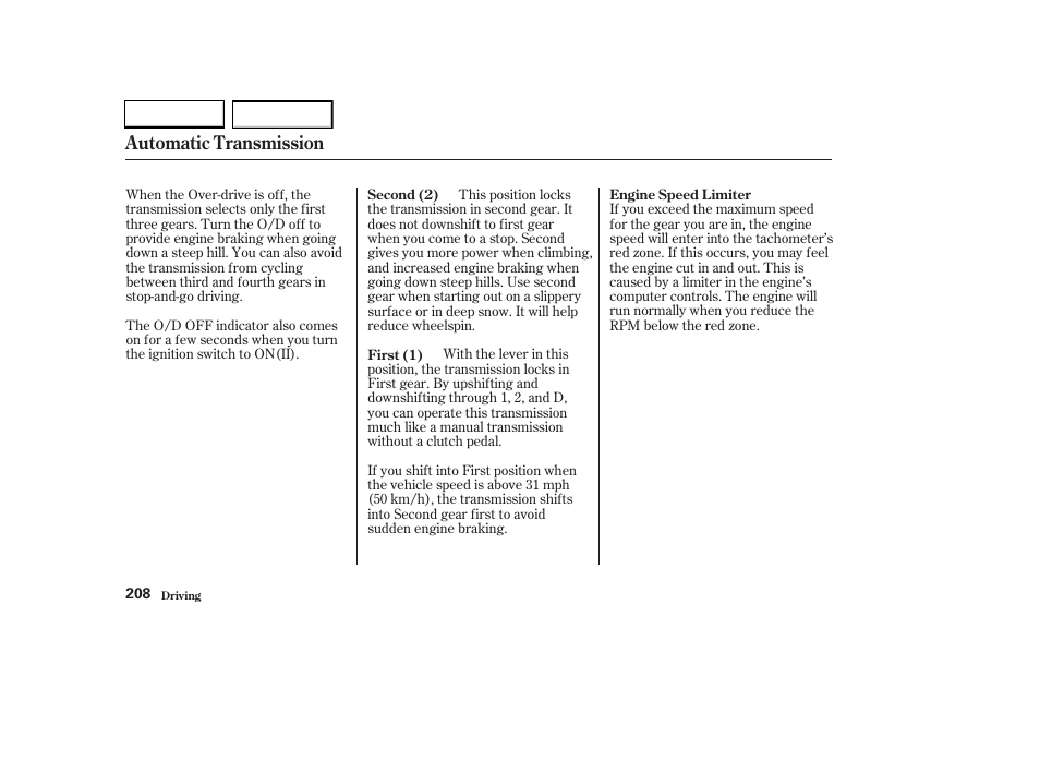 Automatic transmission | HONDA 2003 CR-V - Owner's Manual User Manual | Page 212 / 374