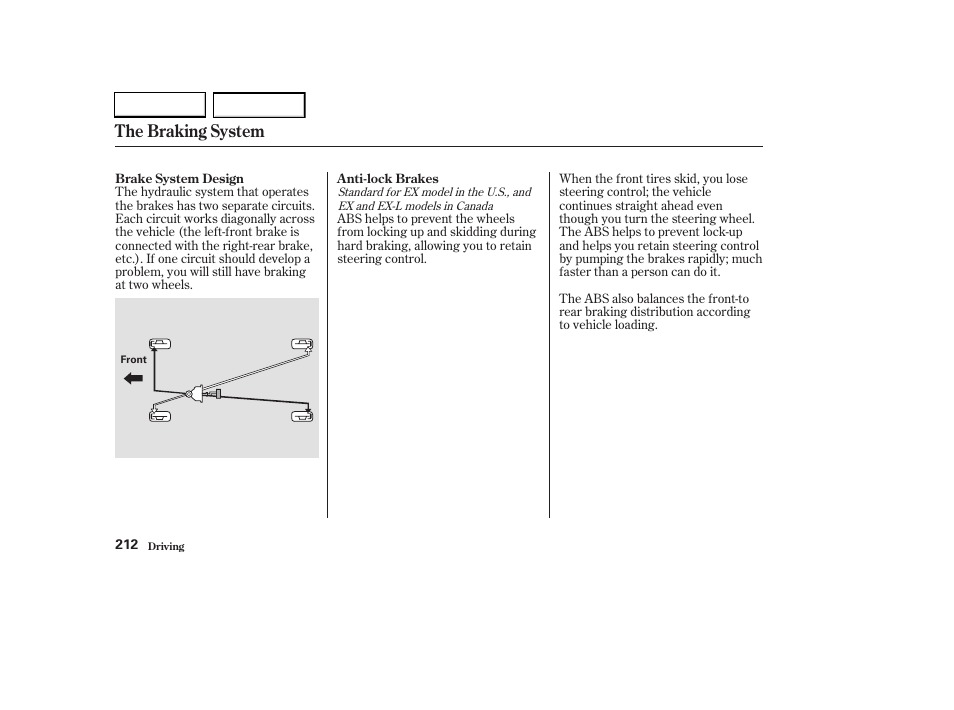 The braking system | HONDA 2003 CR-V - Owner's Manual User Manual | Page 216 / 374