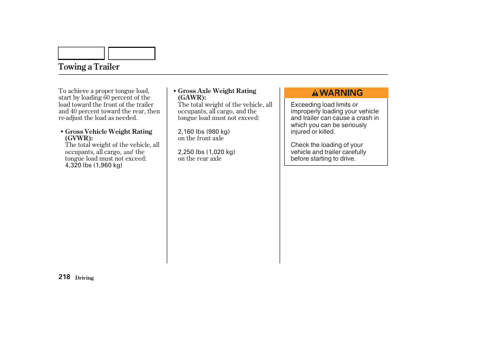 Towing a trailer | HONDA 2003 CR-V - Owner's Manual User Manual | Page 222 / 374