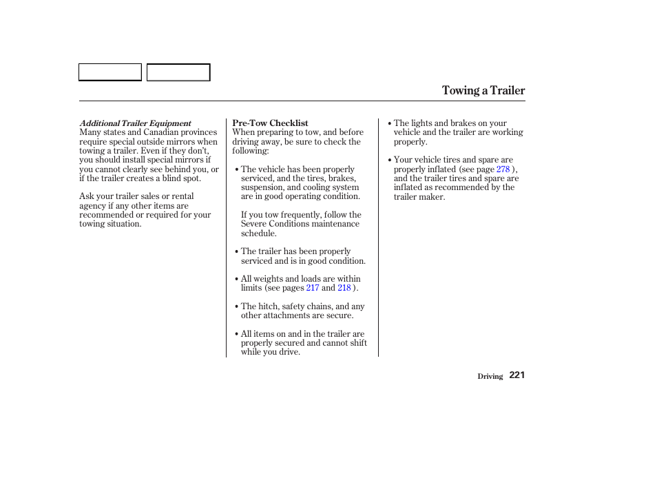 Towing a trailer | HONDA 2003 CR-V - Owner's Manual User Manual | Page 225 / 374