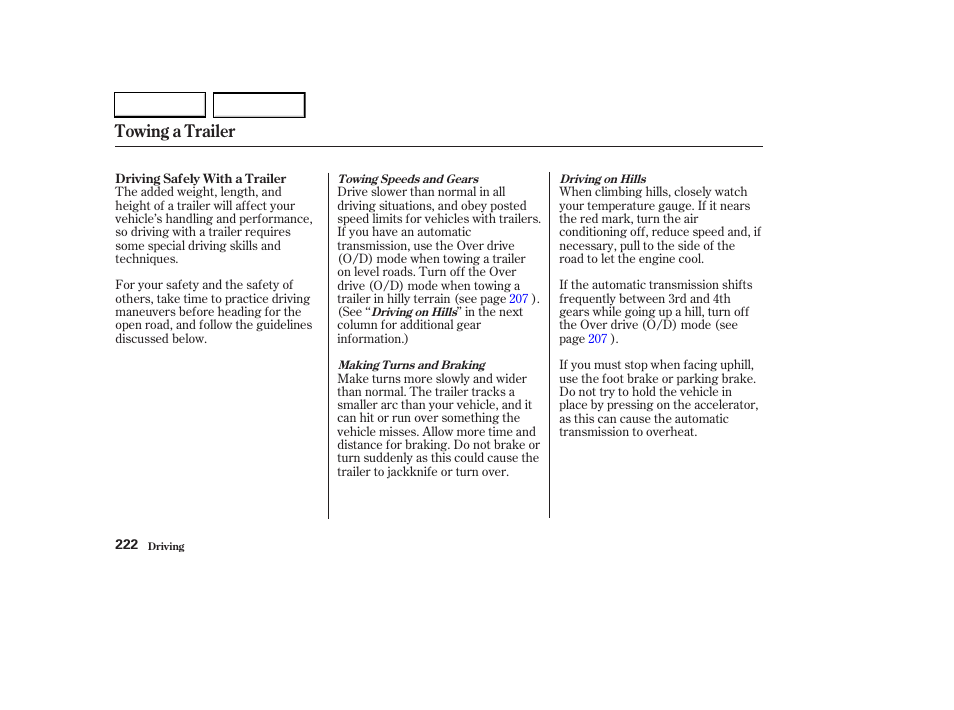 Towing a trailer | HONDA 2003 CR-V - Owner's Manual User Manual | Page 226 / 374