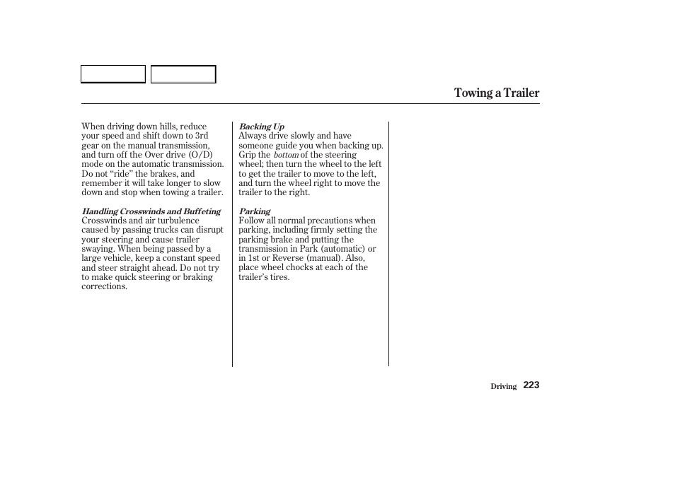 Towing a trailer | HONDA 2003 CR-V - Owner's Manual User Manual | Page 227 / 374