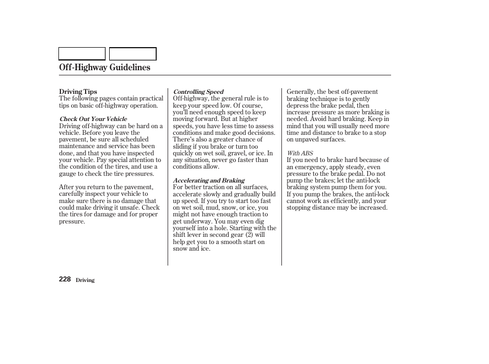 Off-highway guidelines | HONDA 2003 CR-V - Owner's Manual User Manual | Page 232 / 374