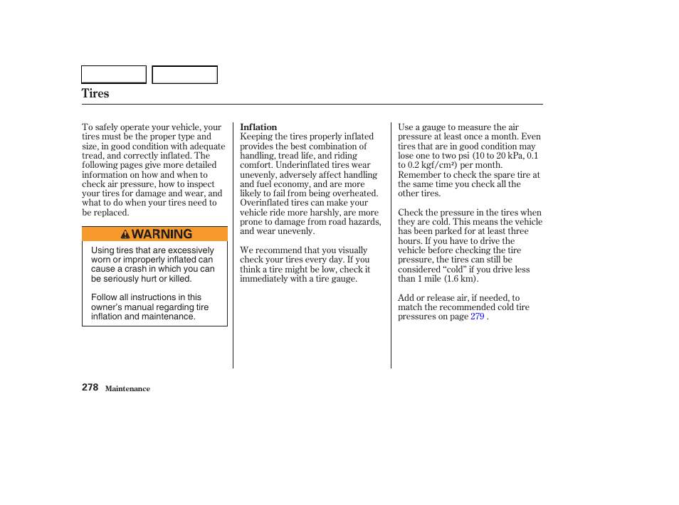 Tires | HONDA 2003 CR-V - Owner's Manual User Manual | Page 282 / 374